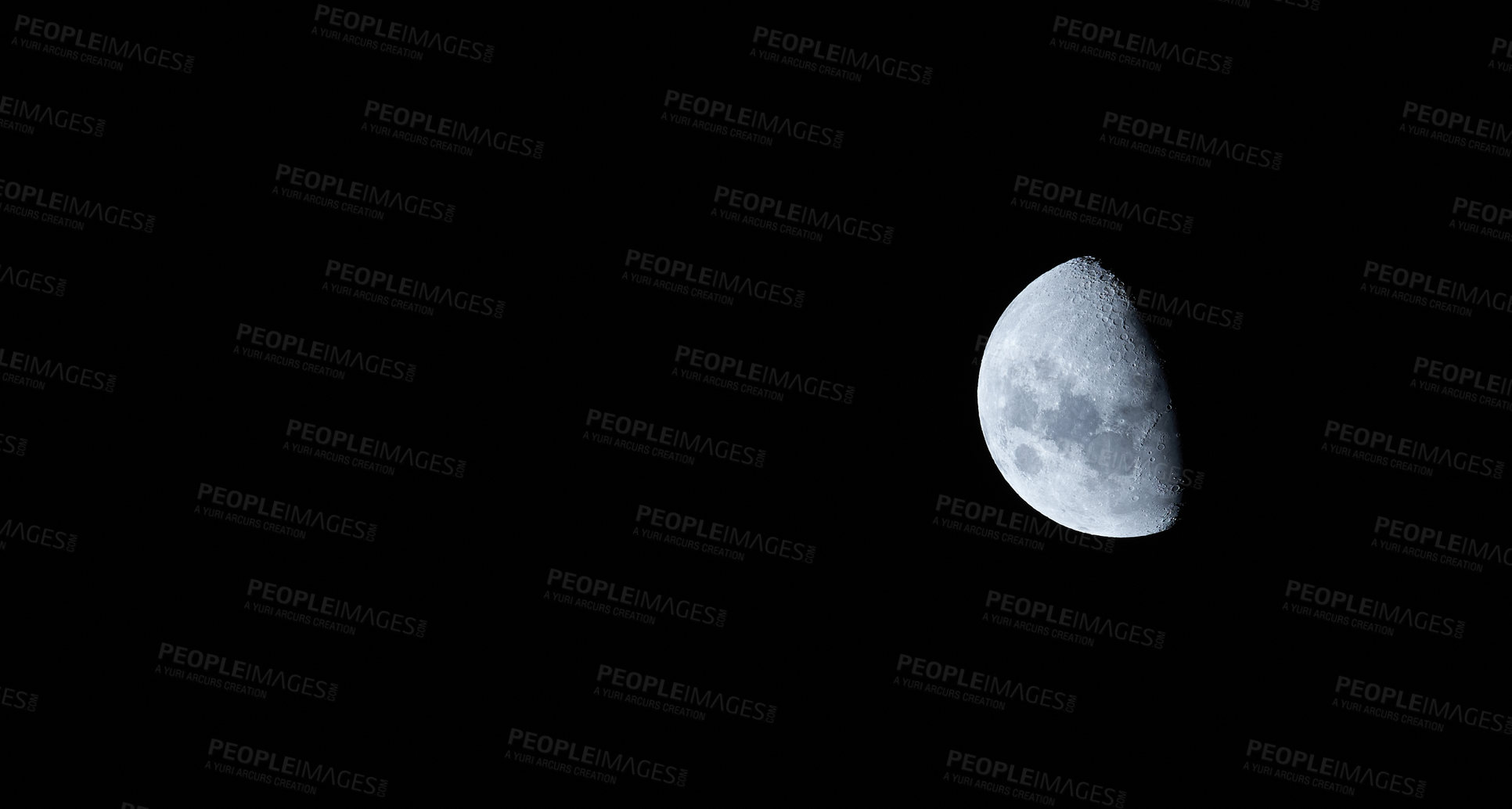 Buy stock photo Close up of the half moon isolated against a came and peaceful black sky during midnight. A calm peaceful night of a brightly lit round sphere planet in the dark sky in a black galaxy or universe