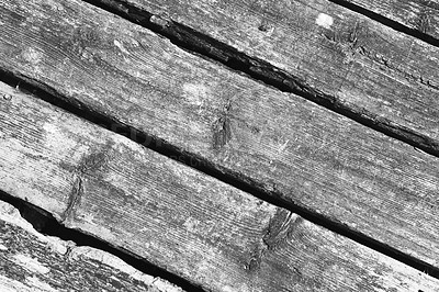 Buy stock photo Grunge, texture and monochrome of wood, plank and timber for carpentry with pattern. Vintage, black and white effect of deck floor, creative design and rustic antique of oak panel for aesthetic look