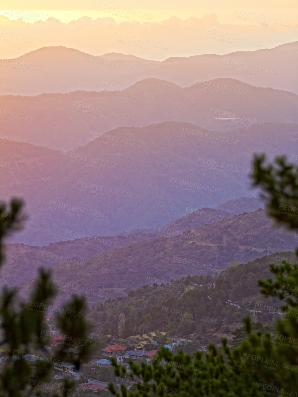 Buy stock photo Nature, sky and horizon with sunset on hill for environment, hiking or travel location. Empty, outdoor and earth with trees for scenery, sustainable forest or holiday destination in California