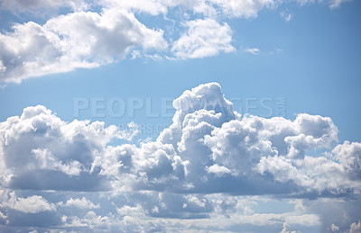 Buy stock photo Weather, blue sky and clouds outdoor with atmosphere, creativity and aesthetic view with pattern. Natural, cloudscape and heaven abstract of water vapor, overcast and climate change of temperature