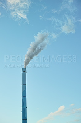 Buy stock photo Factory chimney, smoke and pollution in environment, power plant with carbon footprint for mining. Industrial production, global warming and building pipe with steam, climate change with mockup space