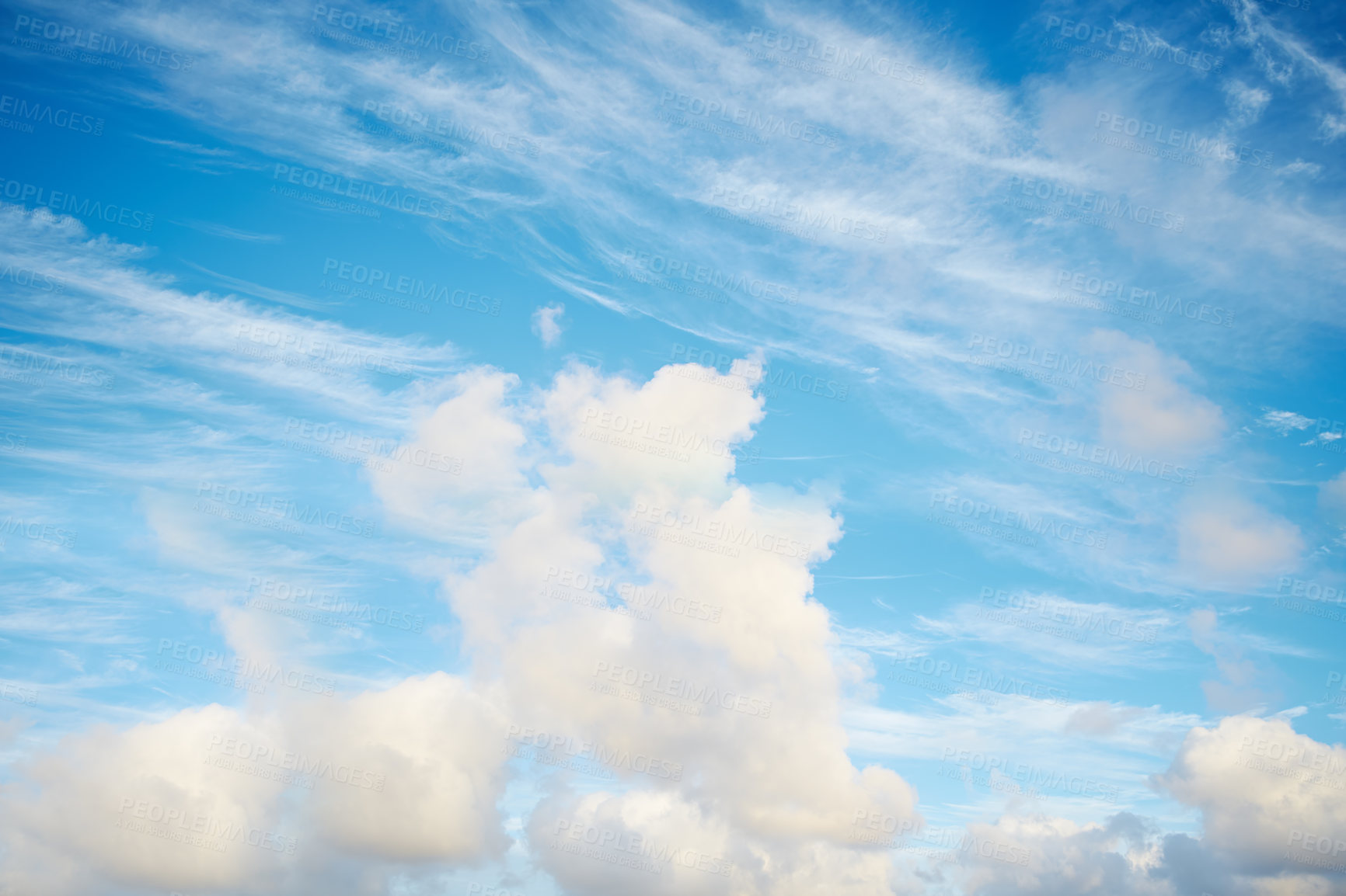 Buy stock photo Clouds, blue sky and nature for beauty landscape, natural sunshine or outdoor weather for environment. Heaven, climate wallpaper and light energy for calm peace, atmosphere ecology or astronomy study