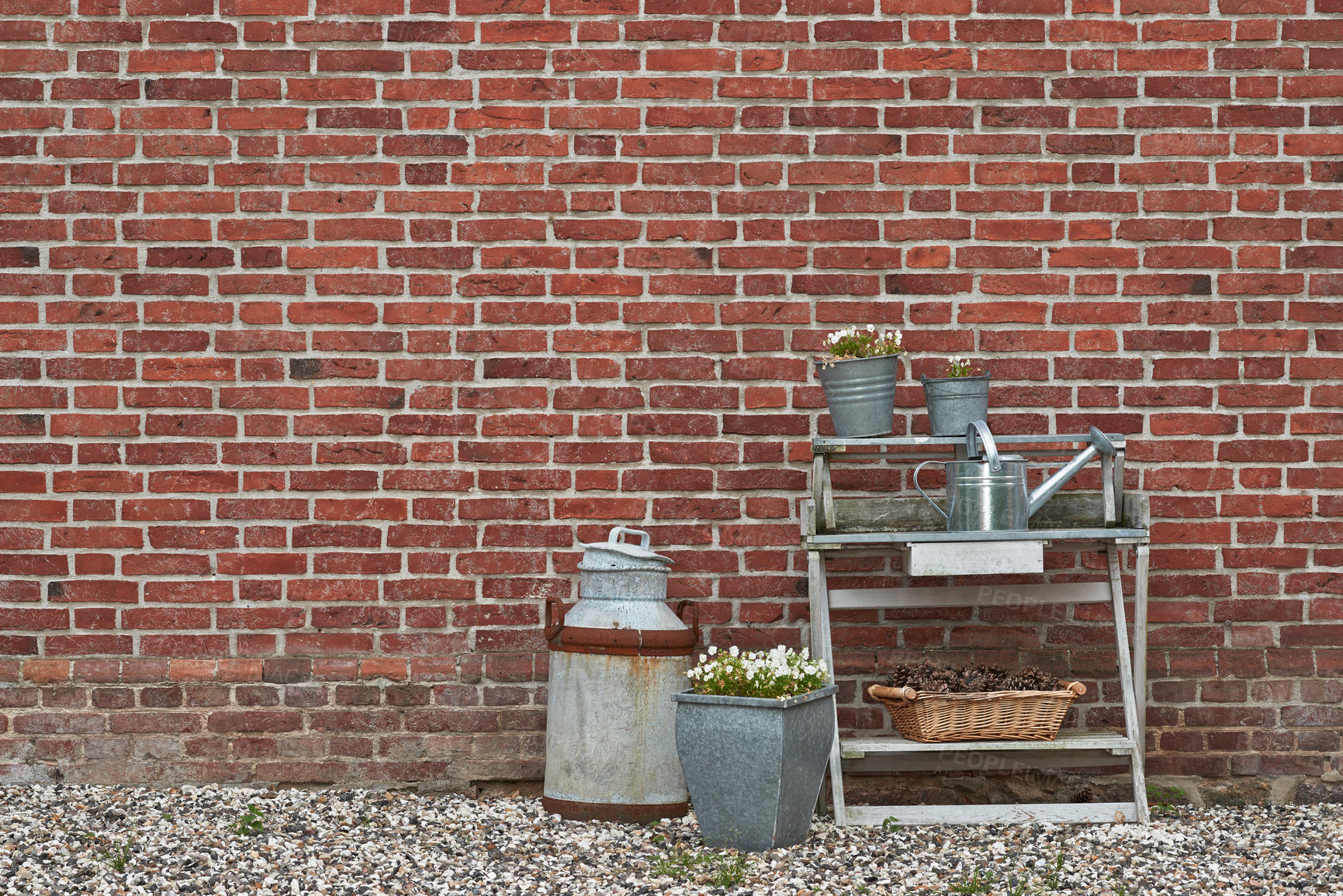 Buy stock photo Brick wall background, small garden and tools with plants, natural and texture in New York city. Empty, old fashion and quaint with wallpaper, decoration or abstract with ecology or vintage equipment