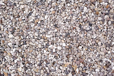 Buy stock photo Gray, texture art and background with pebbles for wallpaper, interior design and low tide on beach. Calm, nature and lakeside from above for decor with rocks, round stones and outdoor in summer