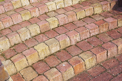 Buy stock photo Outdoor, steps and bricks with texture, design and abstract with wallpaper, construct or layers. Empty, stairs or outside with foundation, ground or material in suburbs, stack or pathway with pattern