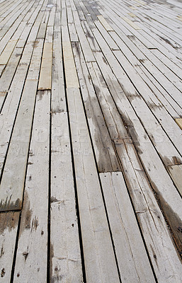 Buy stock photo Wood, texture and outdoor with boardwalk, pattern and empty with abstract, design and wallpaper. Deck, flat surface and constructed for pathway, details and vintage with timber, outside and plank