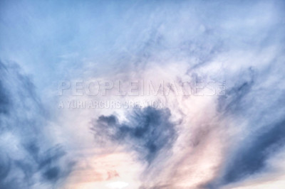 Buy stock photo Cloudy, abstract and aesthetic outdoor with scenery, pastel colors and gradient pattern by sky. Poster, banner and design inspiration with overcast, creativity and template with texture of cloudscape