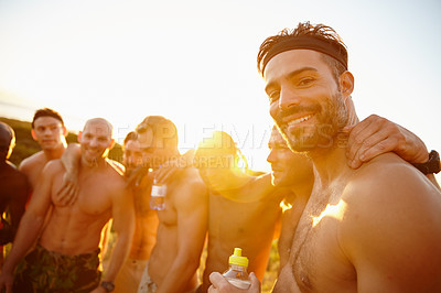 Buy stock photo Military, friends and people in nature, exercise and happy for  break in morning, outdoor and sunrise. Men, soldiers and smile for fitness in army, teamwork and preparation for battlefield or relax