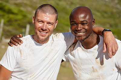 Buy stock photo Portrait of two sporty male friends at bootcamp