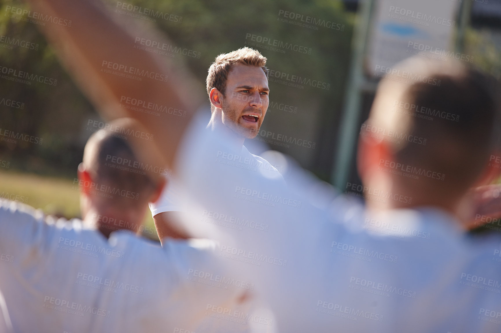 Buy stock photo Cropped shot of a group of men at a military bootcamp