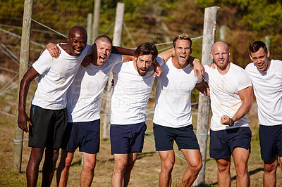 Buy stock photo Portrait of a group of sporty male friends at bootcamp