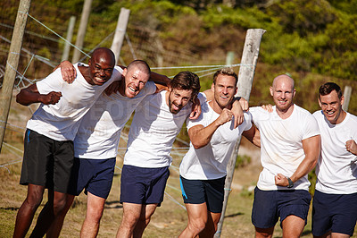 Buy stock photo Portrait of a group of sporty male friends at bootcamp