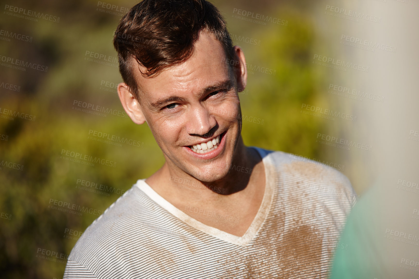 Buy stock photo Portrait of a young man with a dirty tshirt at bootcamp