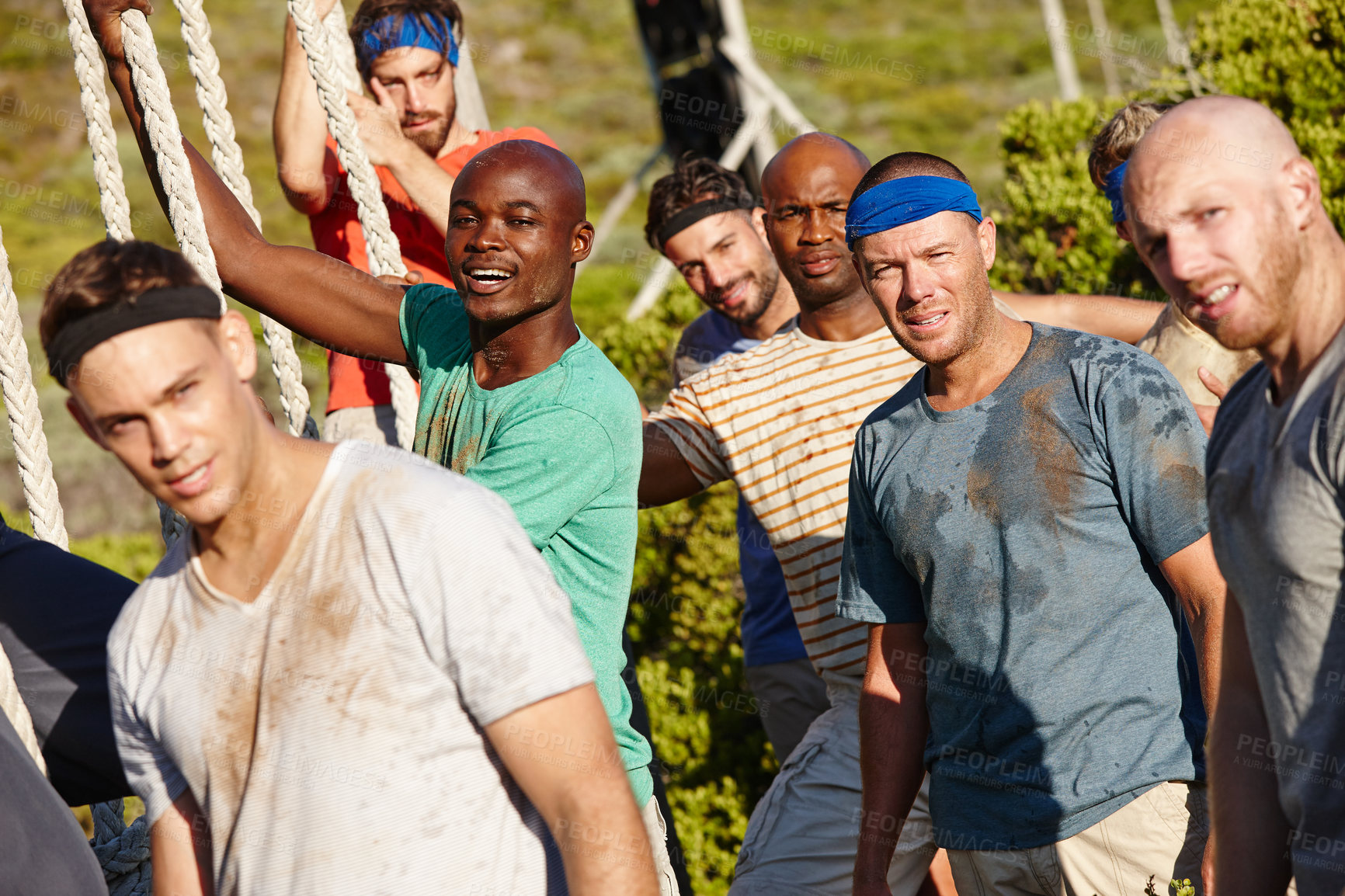 Buy stock photo Cropped shot of a group of men at a military bootcamp