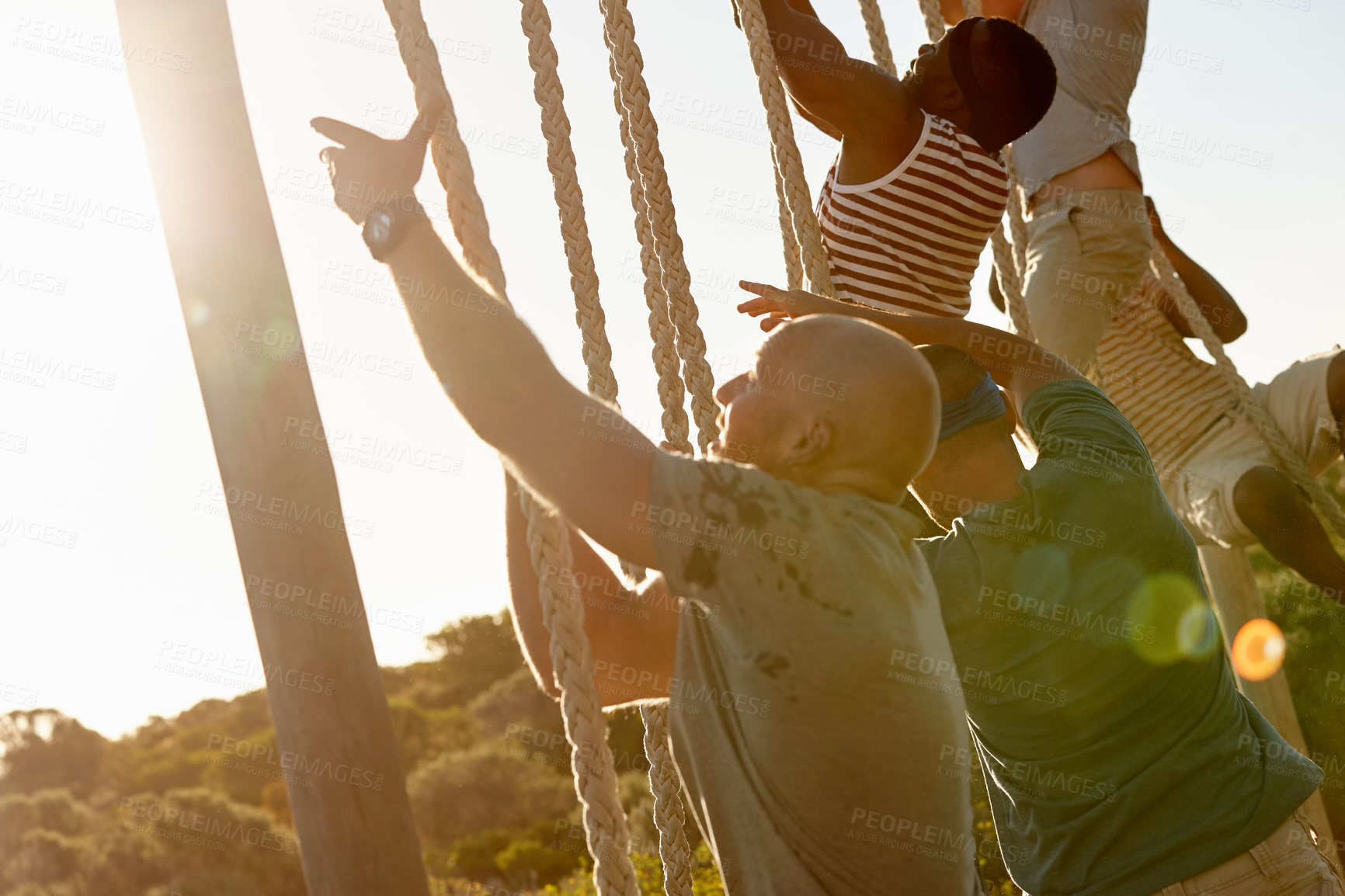 Buy stock photo Men, rope or training in bootcamp for challenge, fitness or military exercise of endurance. Army, test or people climbing in physical activity for outdoor workout, strength assessment or survival 