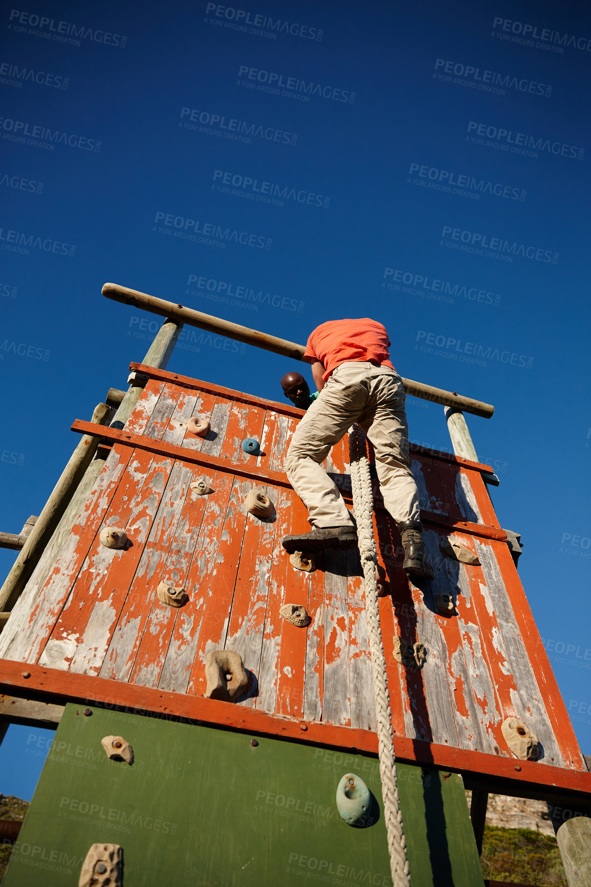 Buy stock photo Obstacles, rope or man climbing wall for strength, endurance exercise or bootcamp challenge. Military survival, below or barrier in physical test for outdoor workout, fitness or training assessment