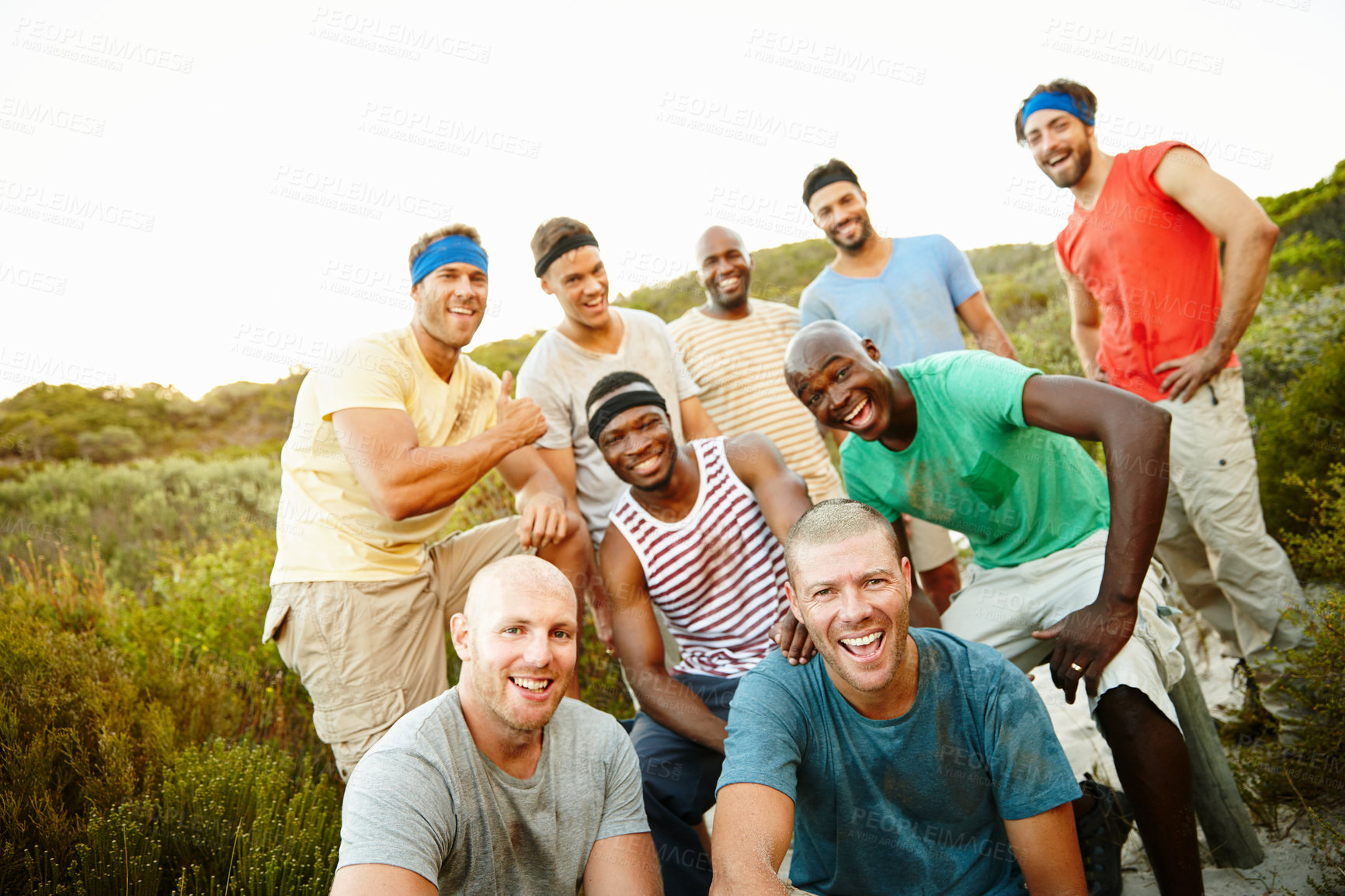 Buy stock photo Portrait of a group of sporty male friends who survived bootcamp