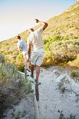 Buy stock photo Outdoor, balance or active men on obstacles for strength, endurance exercise or bootcamp challenge. Nature, walking or people in physical test in course for workout, fitness and training assessment