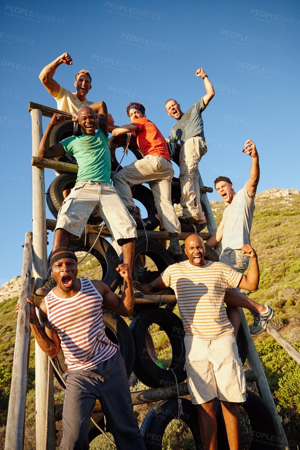 Buy stock photo Portrait of a group of men happy to have survived bootcamp