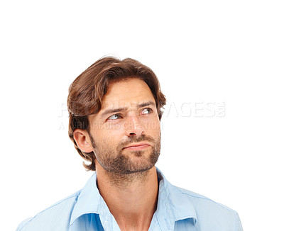 Buy stock photo Planning, thinking and face of businessman on a white background for brainstorming, ideas and strategy. Creative leader, inspiration and male entrepreneur with vision, thoughtful and goals in studio