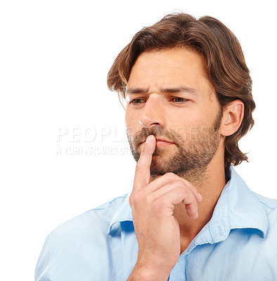 Buy stock photo Thinking, face and business man in studio isolated on a white background. Doubt, planning and male entrepreneur, ceo or manager focus, lost in thoughts and contemplating sales or advertising ideas.