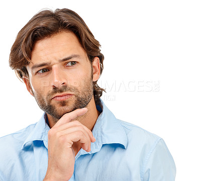 Buy stock photo Thinking, business man and face in studio isolated on a white background. Doubt, planning and male entrepreneur, ceo or manager focus, lost in thoughts and contemplating sales or advertising ideas.