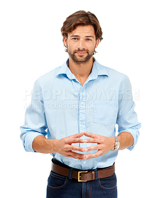 Buy stock photo Business man, smile and portrait of a young professional thinking about corporate job. White background, isolated and studio with a male model with happiness and hands together smiling with an idea