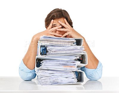 Buy stock photo Corporate file, accounting and job stress of a man worker portrait with audit headache. Businessman, tired and tax document with depression from finance job with mental health issue about paperwork