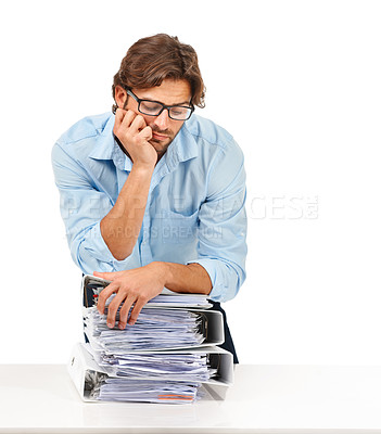 Buy stock photo Burnout, stress and businessman with stack of paperwork on desk for deadline, corporate project and report. Ideas, vision and tired employee thinking with pile of files, papers and documents on desk