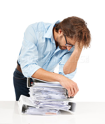 Buy stock photo Burnout, headache and businessman with stack of paperwork for review, project and report. Thinking, stress and tired employee with pile of files, papers and documents isolated on white background
