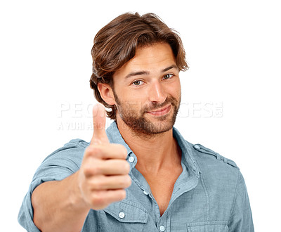 Buy stock photo Portrait, man and thumbs up with success and hand sign, yes and thank you with feedback against white background. Happy man with agreement, OK with motivation for winner and support vote
