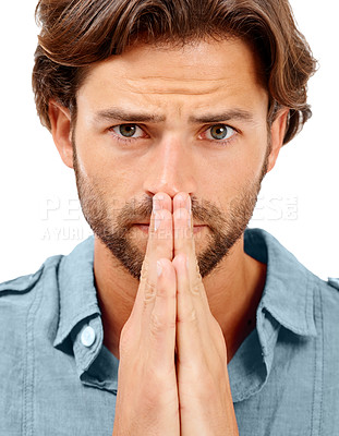 Buy stock photo Portrait, man or anxiety and praying hands on studio background in mental health, stress burnout or nervous. Zoom, face or worried model and hope, prayer or wish gesture for good news, luck or change
