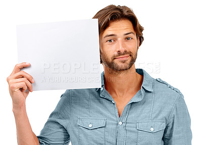 Buy stock photo Mockup, studio portrait and man with poster, placard or billboard for marketing, advertising or product placement. Paper sign, banner space and sales model with promotion mock up on white background