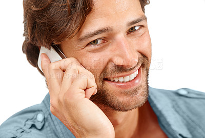 Buy stock photo Phone call, communication and face portrait of happy man talking, speaking or studio chat to digital mobile contact. Smartphone user, conversation discussion and model networking on white background