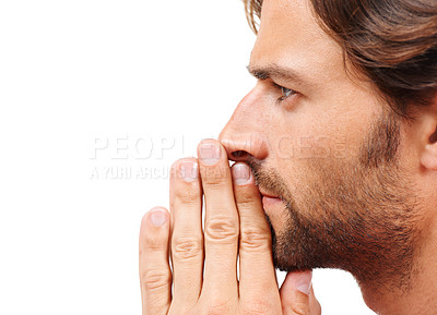 Buy stock photo Man, studio and profile with hands, thinking or focus by white background with anxiety in headshot. Model, decision and isolated for future ideas, goal or inspiration for closeup, motivation or dream