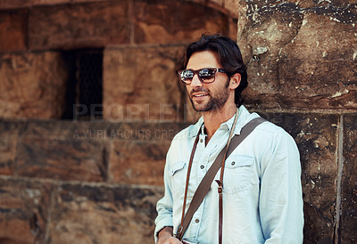 Buy stock photo Tourist, sunglasses or happy man on holiday, vacation or weekend trip for a fun adventure in Italy. Relax, travel or male person with fashion, smile or freedom sightseeing in urban town on journey