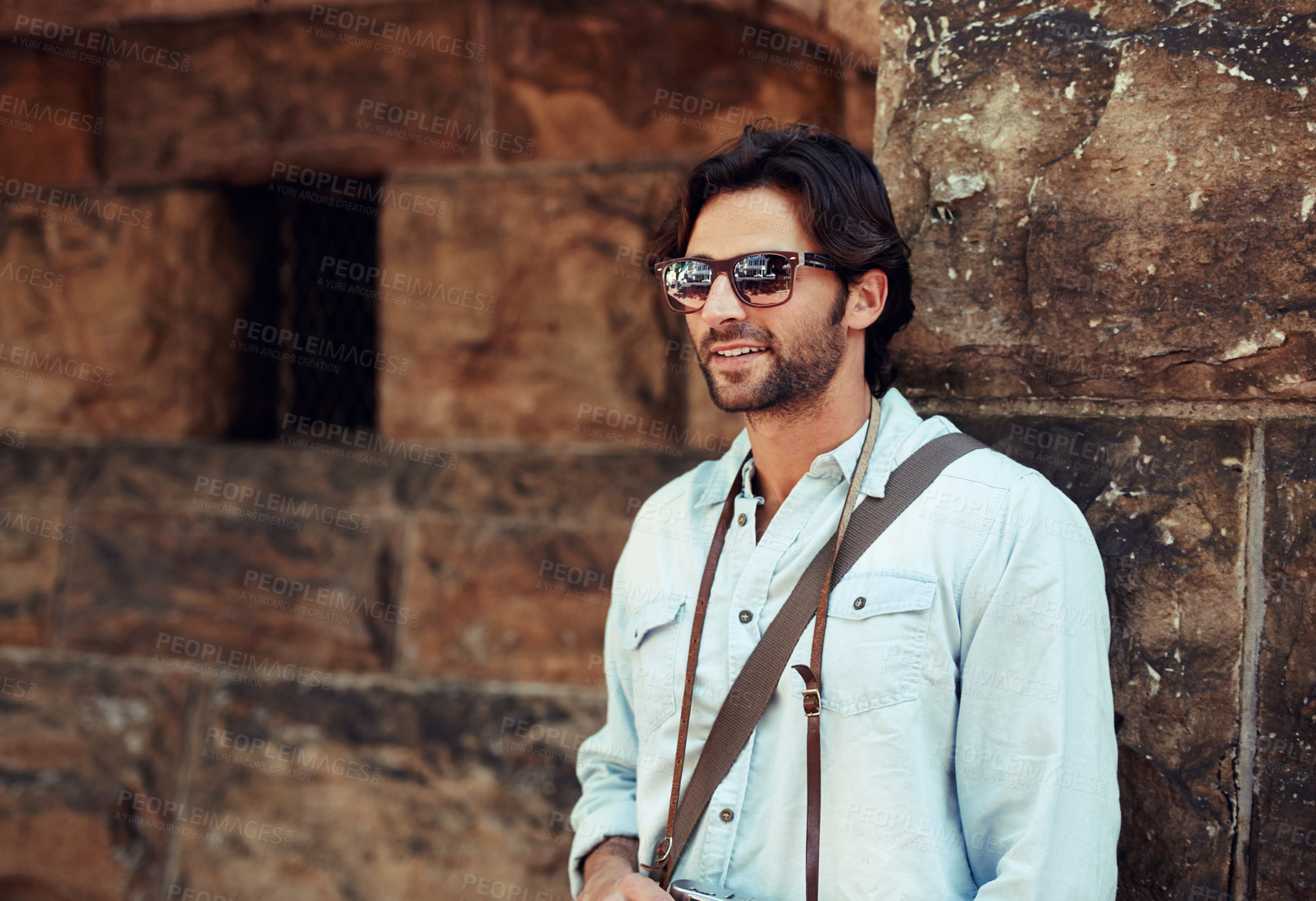 Buy stock photo Tourist, sunglasses or happy man on holiday, vacation or weekend trip for a fun adventure in Italy. Relax, travel or male person with fashion, smile or freedom sightseeing in urban town on journey