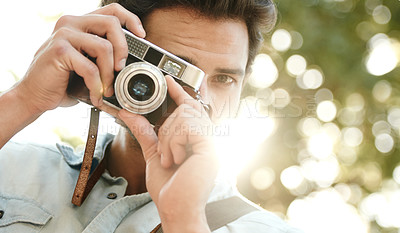Buy stock photo Camera, photography or face of man in park on holiday vacation trip for creativity, shooting or tourism memory. Photographer, travel or male tourist with pictures for sightseeing in nature in summer 