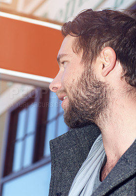 Buy stock photo Man, outdoors and fashion or trendy in closeup, building and urban or profile for style. Male person, outside and side view of person, cool and confident in city, modern hipster and pose in downtown