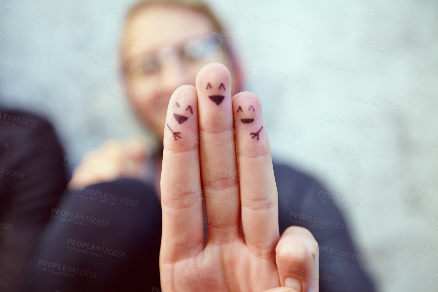 Buy stock photo Fingers, smiley and happy drawing of family, woman and symbol or emoji, sign and icon or fun art. Hands, expression and artistic or cool, creative and craft for aesthetic, hope and joy in tattoo