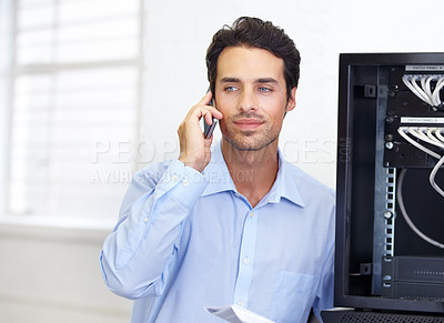 Buy stock photo Server room, help or businessman on a phone call for hardware maintenance or glitch in business office. Network error, datacenter or worker calling electrician for IT support or electronics problem