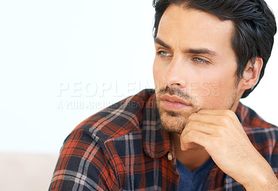 Buy stock photo Man, thinking and serious or hands for question, idea and contemplating in living room of apartment or home. Person, face and mental health or thoughtful on couch in lounge for anxiety on weekend