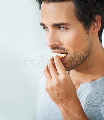 Buy stock photo Man, face or eating apple fruit for morning diet, healthy lifestyle choice or clean nutritionist breakfast, organic snack or vitamin. Natural detox, nutrition food or person bite antioxidants product