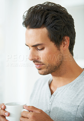 Buy stock photo Man, coffee and thinking for morning drink in home for wake up breakfast, ideas or sleep daydreaming. Male person, tea or cup for caffeine or hot beverage to start day or relax, weekend or espresso