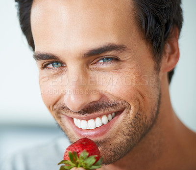Buy stock photo Portrait, happy man and eating strawberry, healthy food or fresh product for weight loss, vegan diet or organic snack. Happiness, face headshot and closeup nutritionist smile for fruit nutrition meal