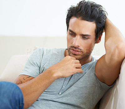 Buy stock photo Thinking, depression and man with anxiety, frustrated and regret mistake in home living room. Serious person, stress and financial crisis, challenge and reflection on decision, fail and mental health