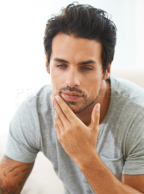 Buy stock photo Thinking, face and man in a house with calm, memory or peaceful moment of reflection. Idea, questions and male person at home with insight, planning or enjoying a quiet day off, weekend or morning