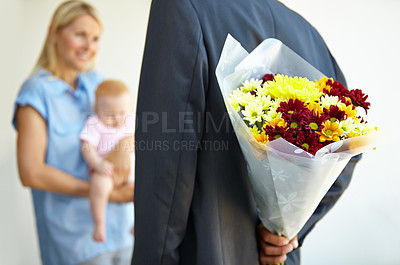 Buy stock photo Husband, wife and hiding flowers for surprise, excited and happy with baby, love and appreciation. Bouquet, romance and good news for marriage, relationship and announcement with romantic partner
