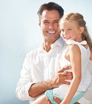 Buy stock photo Father, daughter and portrait with happy on mock up for relax, peace and love with bonding and relationship in Thailand. Family, man and girl child with smile in nature for care, break and enjoyment