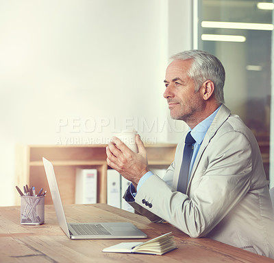 Buy stock photo Senior, businessman and thinking, laptop and diary at desk in the office for consultant meeting. CEO, man and plan for budget, payroll and human resources in company or workplace for startup proposal